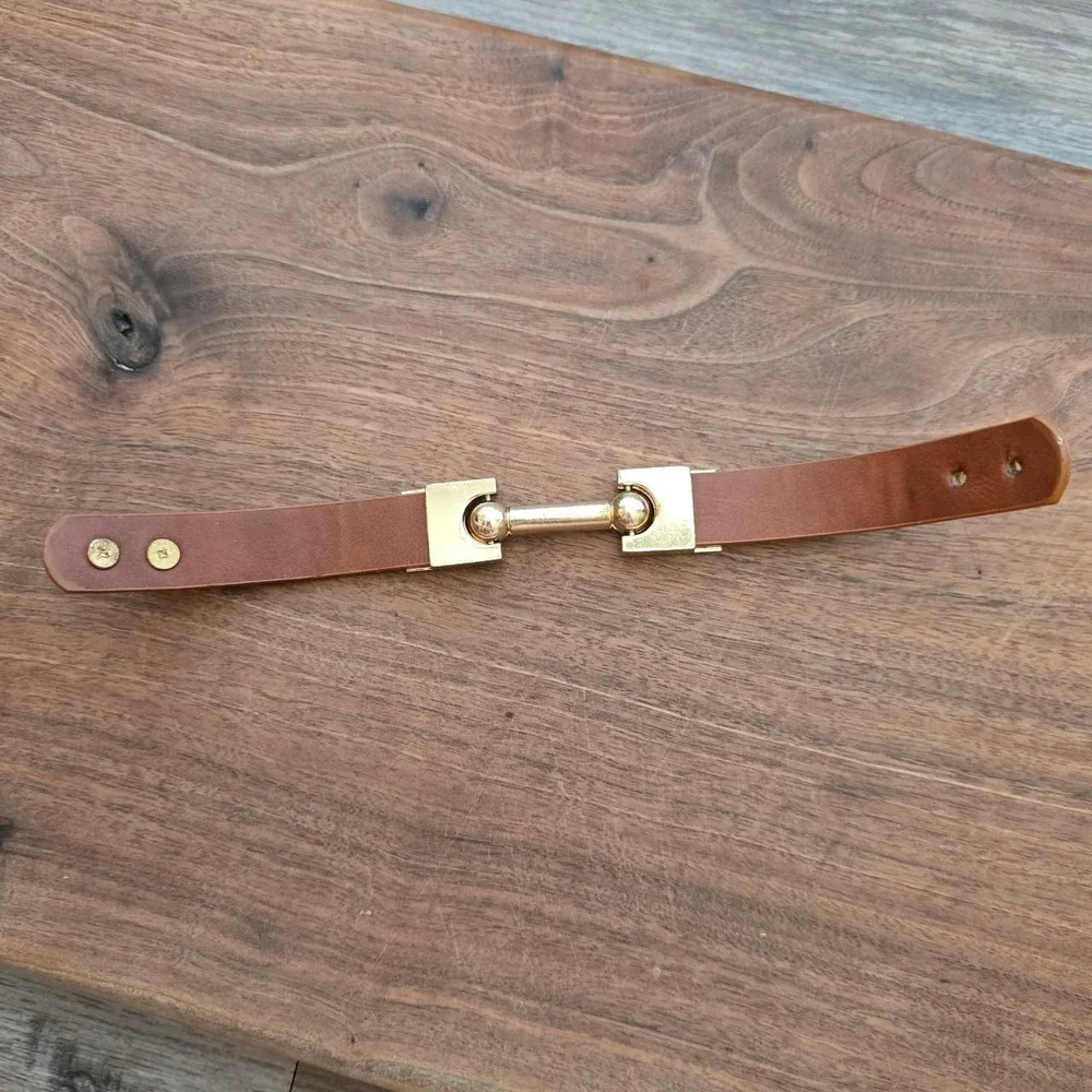 Equestrian Gold Horse Bit Leather Cuff Bracelet Brown Snaffle Preppy Minimalist